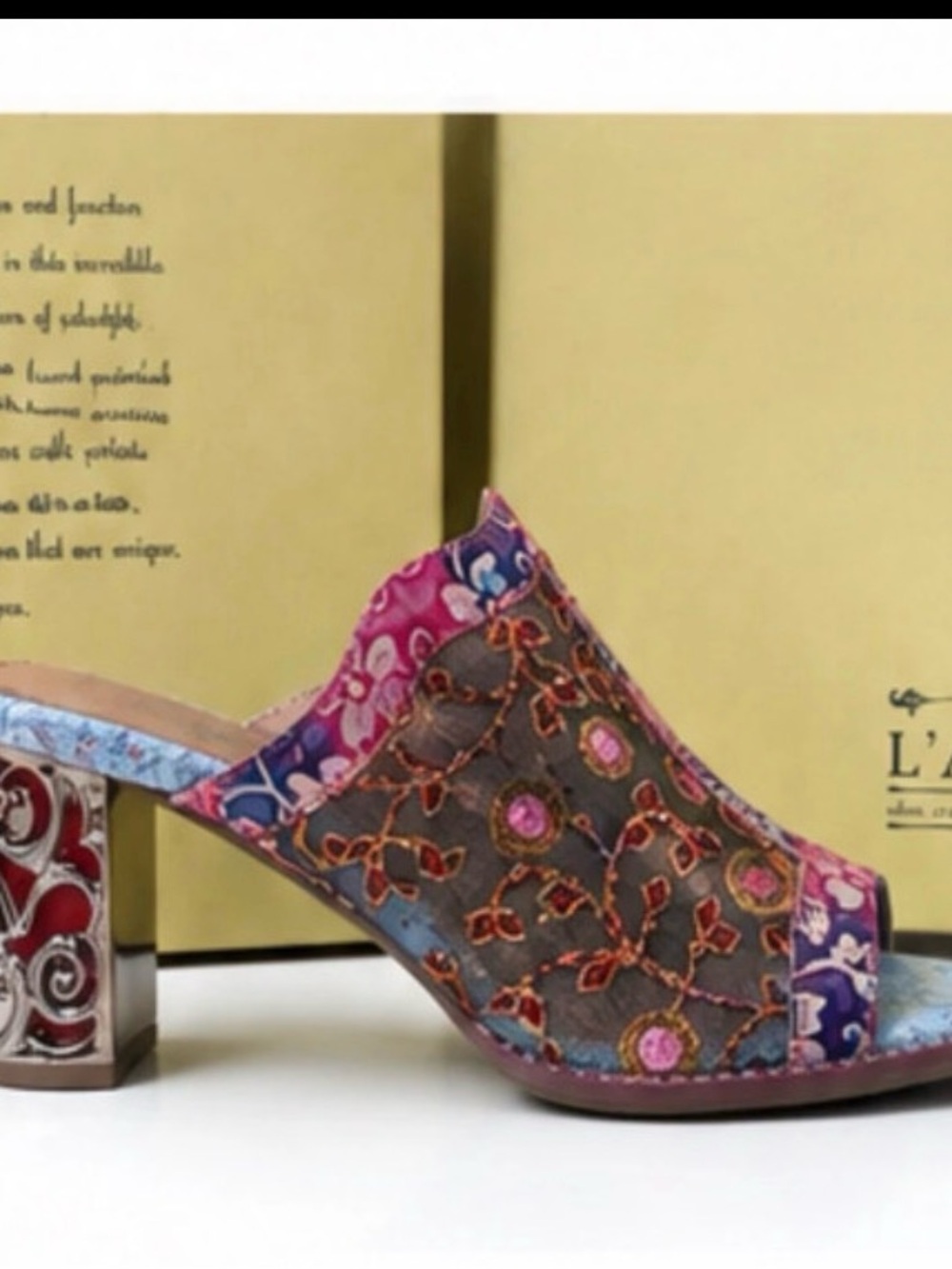 Spring Step Multicolor Embroidered Open-Back Mule with Patterned Heel